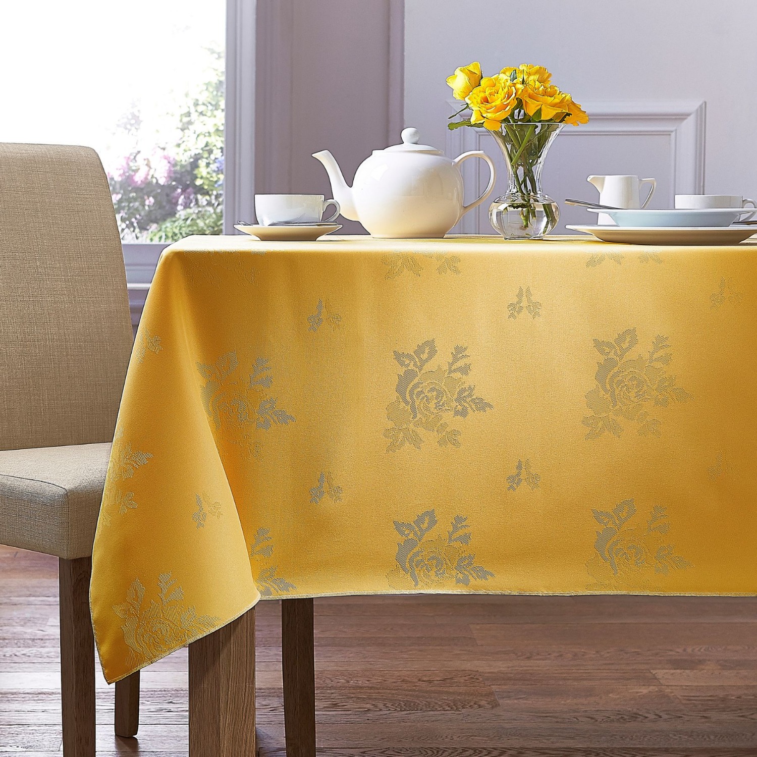 Cezanne Gold Woven Rose Design Polyester Circular 89cm Tablecloths