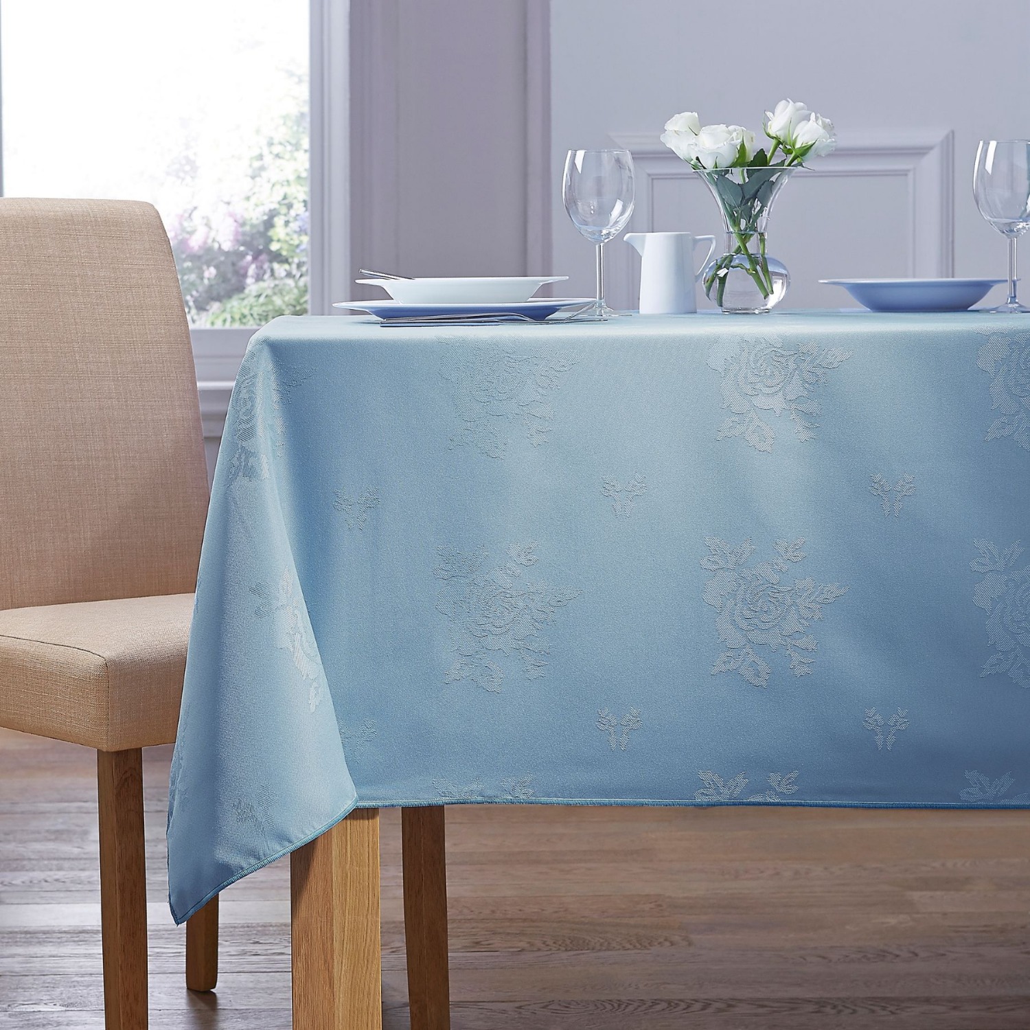 Cezanne Wedgewood Blue Woven Rose Design Polyester Circular 89cm Tablecloths