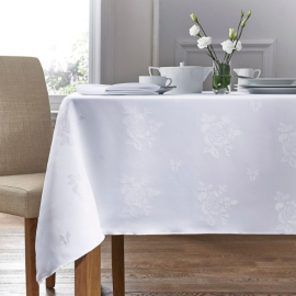Cezanne White Woven Rose Design Polyester Tablecloths