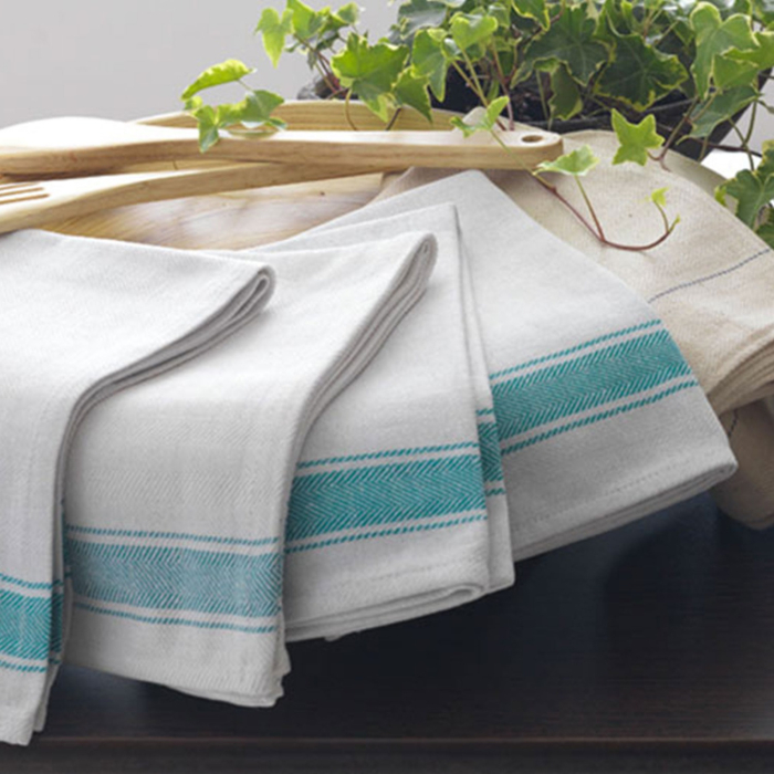 Kitchen cloths for cleaning with a green stripe border design
