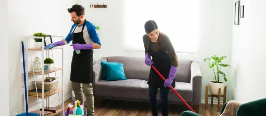 Adults cleaning living room